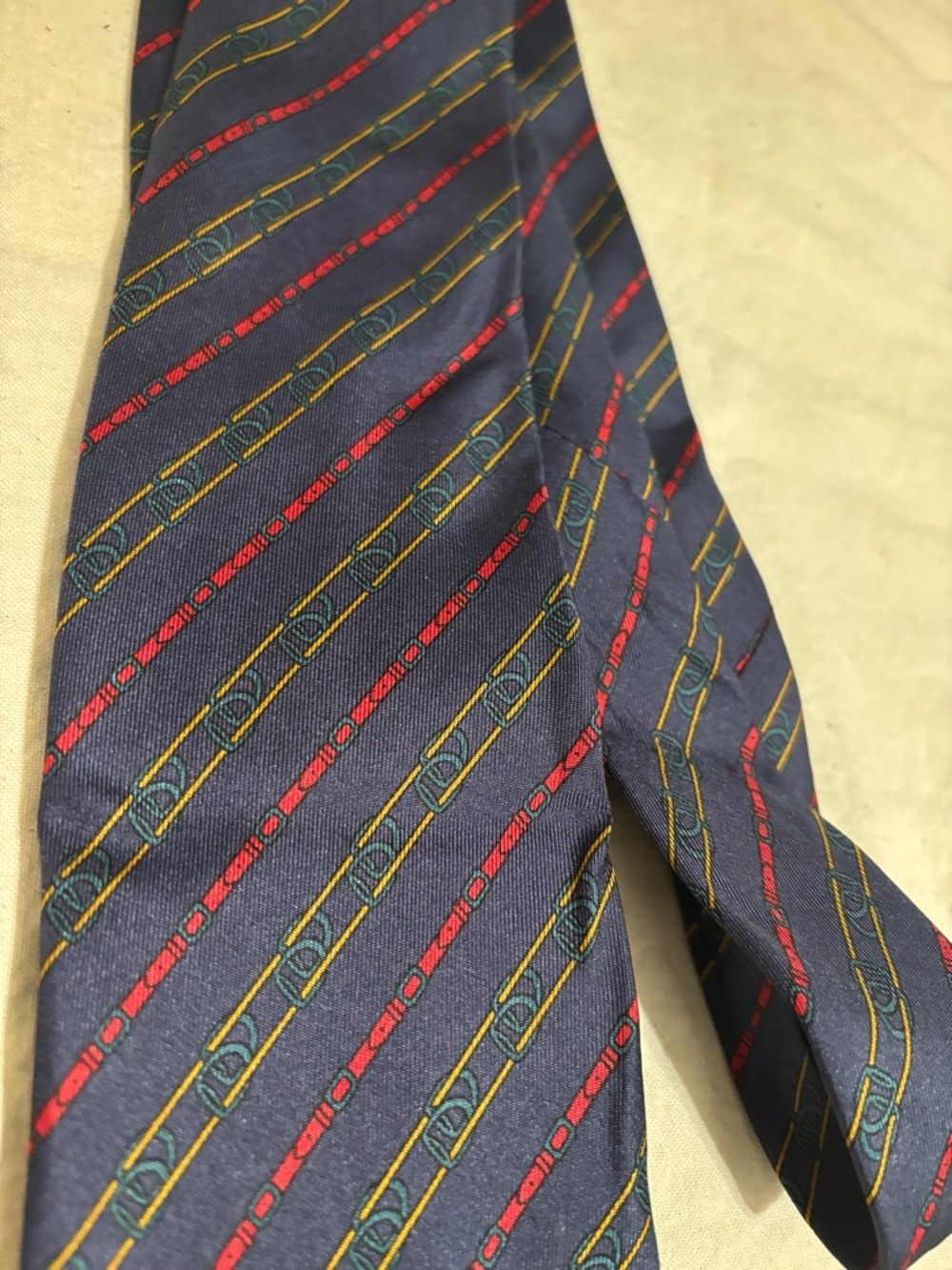 Celine Navy Silk Tie with Red and Gold Diagonal Stripes - Picture 5 of 6